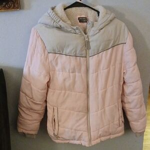 Eddie Bauer Size 12 Light Pink and Gray Kids Hooded Puffer Jacket